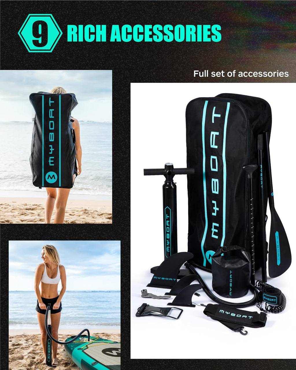 MYBOAT 11'6'×34'×6' Extra Wide Inflatable Paddle Board, Stand Up Paddle Board for Fishing, Sup Board with 3 Removable Fins, Dual Bungees, Camera Mount, Hand Pump, Strong Paddle,Leash