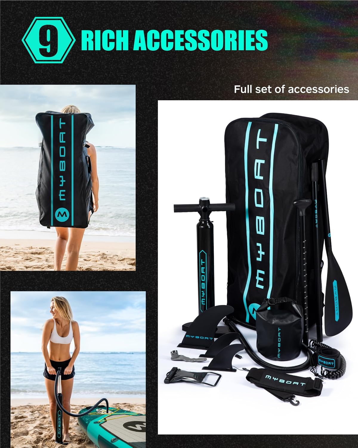 MYBOAT 11'6'×34'×6' Extra Wide Inflatable Paddle Board, Stand Up Paddle Board for Fishing, Sup Board with 3 Removable Fins, Dual Bungees, Camera Mount, Hand Pump, Strong Paddle,Leash