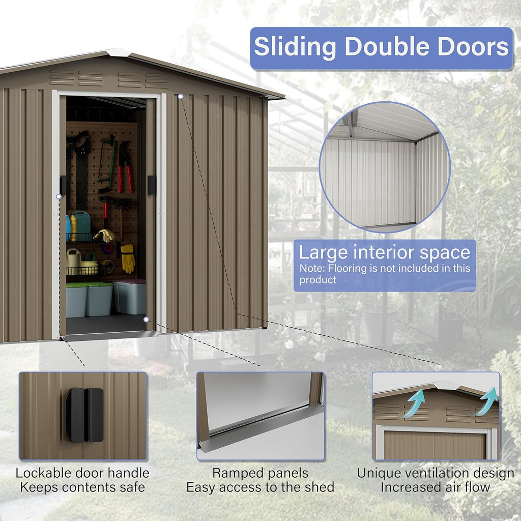 Kurapika 8×6 FT Metal Outdoor Storage Shed Large Tool Shed with Floor, Lockable Door, for Garden, Patio, Backyard, Lawn(Brown)