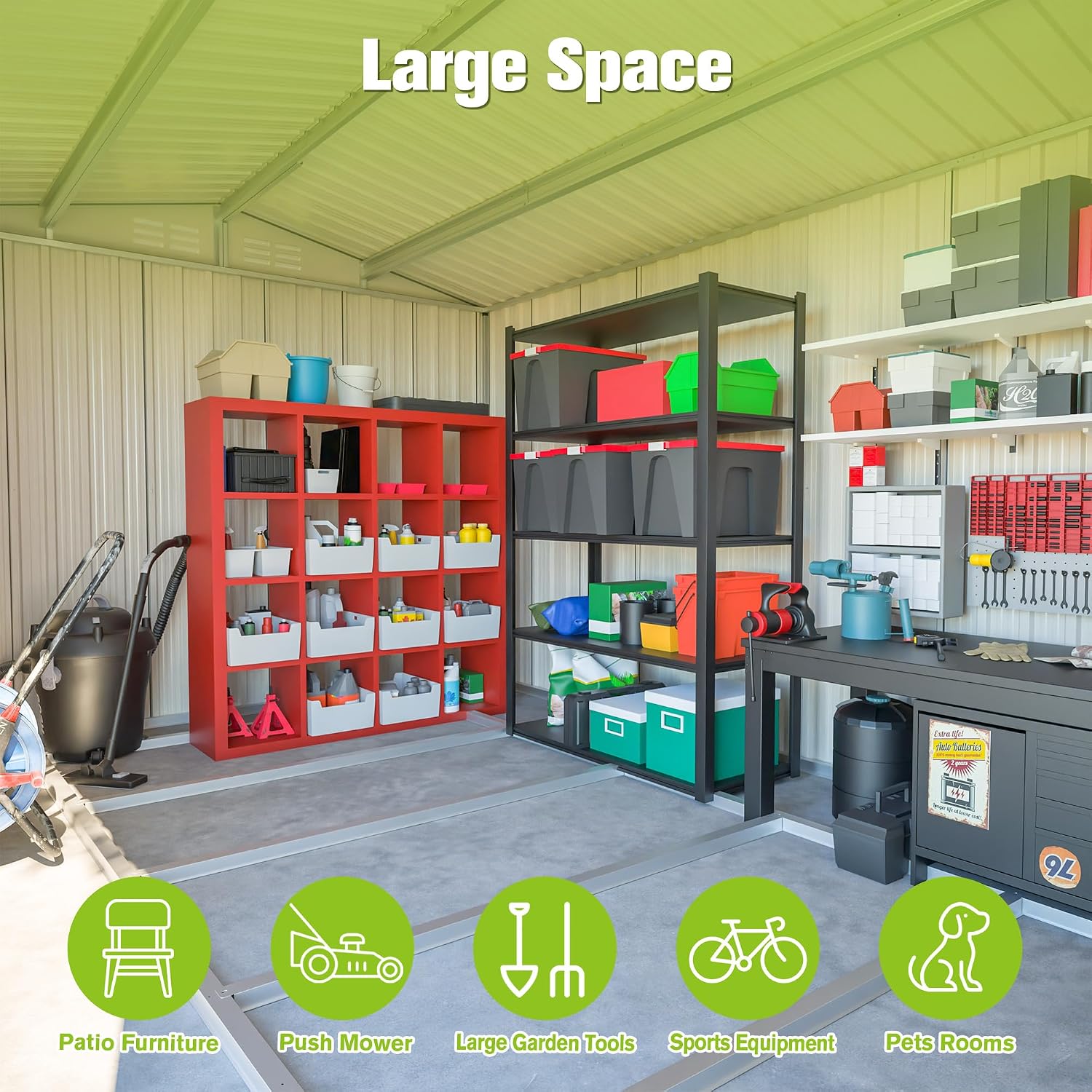 12' x 8' Outdoor Storage Shed with Floor, Waterproof Metal Garden Shed with Windows, Lockable Doors, and Sloped Roof for Patio, Backyard, Lawn, Tool Storage