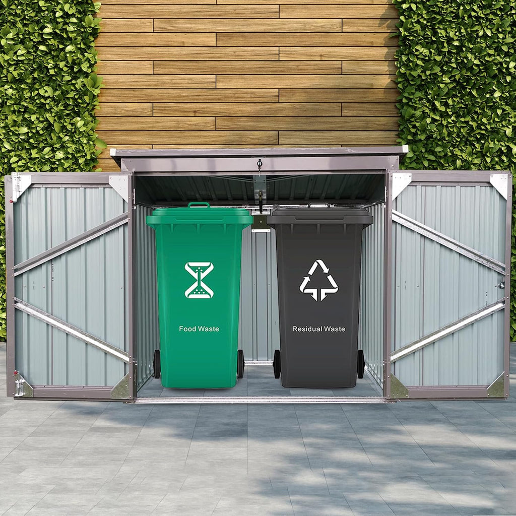 JT Double Garbage Bin Shed, 62' x 40' x 53' Outdoor Storage Shed with Lockable Door, Waterproof Galvanized Garbage, Metal Trash Can Storage for Garden Patio, Backyard, Lawn, Grey