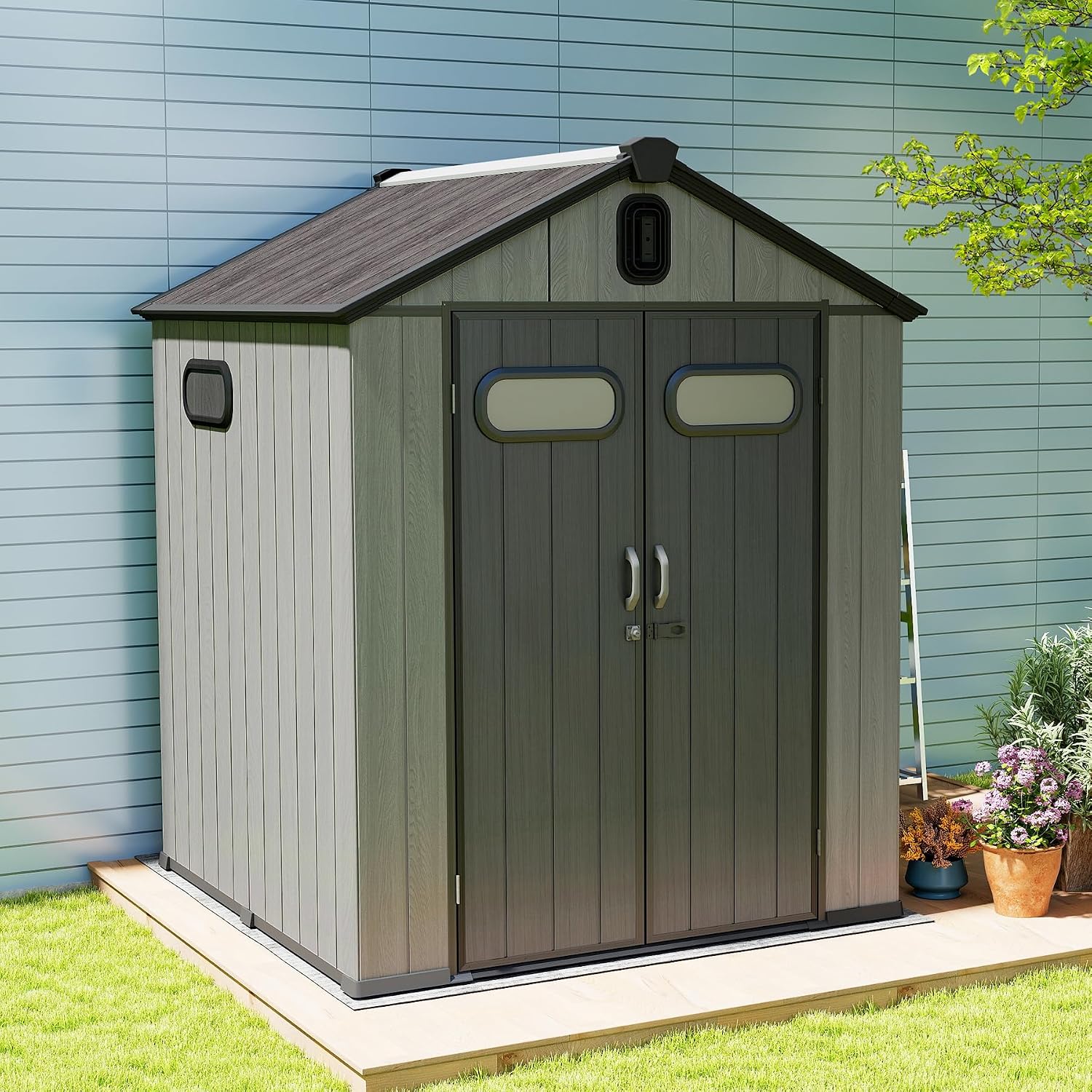 Domi 6x4FT Resin Outdoor Storage Shed with Lockable Door, Waterproof Outside Sheds with Windows & Vents, Heavy-Duty Plastic Tool Storage Shed for Patio Furniture, Lawn Mower, Bike
