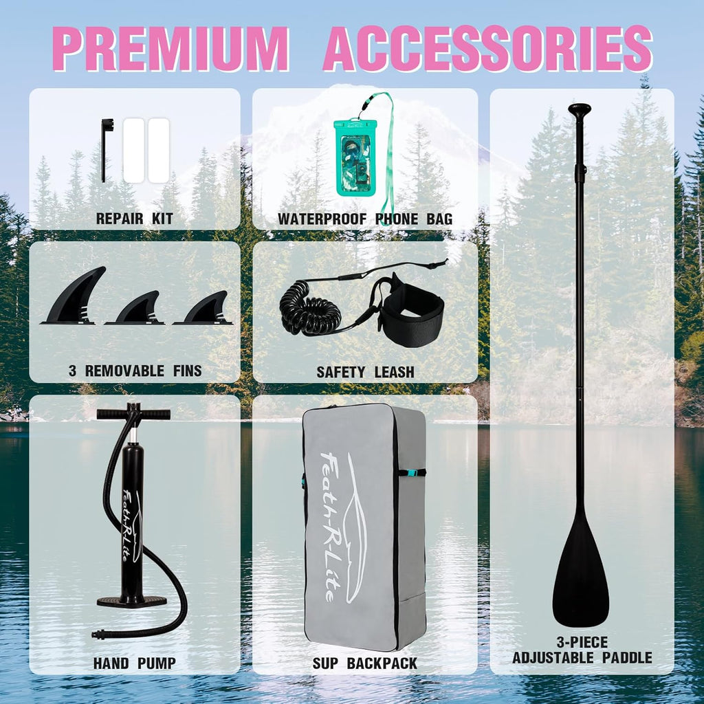 FEATH-R-LITE Inflatable Paddle Board Stand Up Paddleboards for Adults SUP with Premium Accessories Pump, Adjustable Paddle, Leash, Three Fins, Backpack