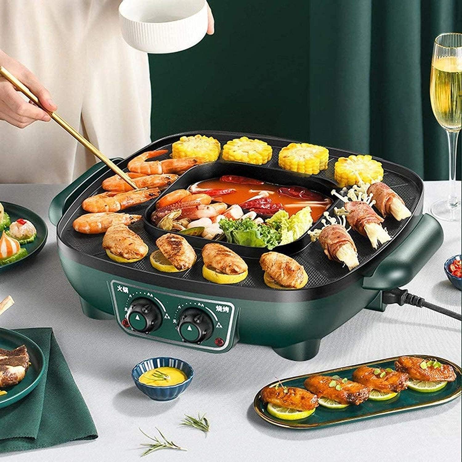 Electric BBQ Grill Indoor Hot Pot Grilling Integrated Pot Independent Temperature Control Fast Heating Electric Pot Household Smokeless Non-stick Electric Oven