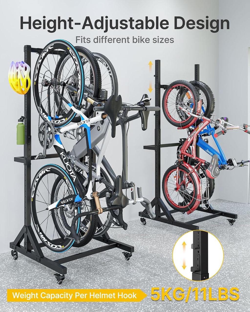 monTEK Freestanding Bike Storage Rack for 3 Bikes, Heavy Duty 210LBS Vertical Bike Stand with 3 Bike Hooks & 4 Helmet Hooks, Indoor and Outdoor Bike Storage Rack with Locking Casters