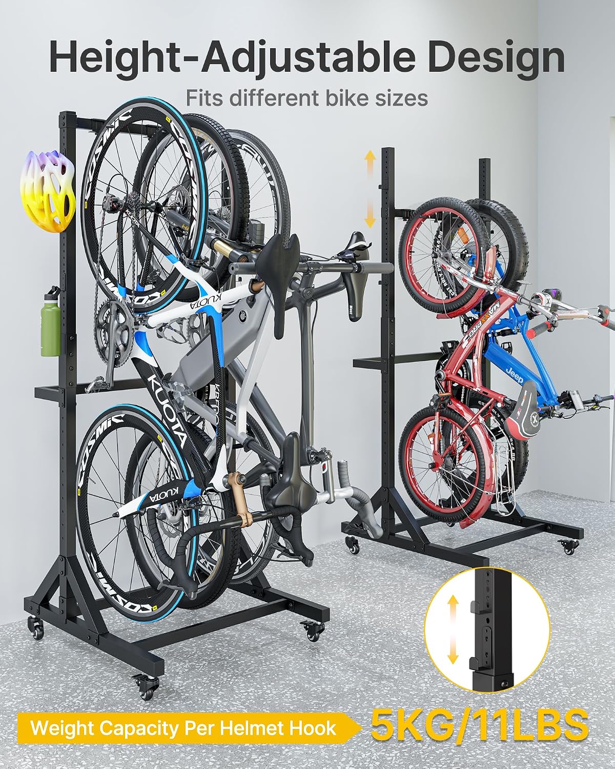 monTEK Freestanding Bike Storage Rack for 3 Bikes, Heavy Duty 210LBS Vertical Bike Stand with 3 Bike Hooks & 4 Helmet Hooks, Indoor and Outdoor Bike Storage Rack with Locking Casters