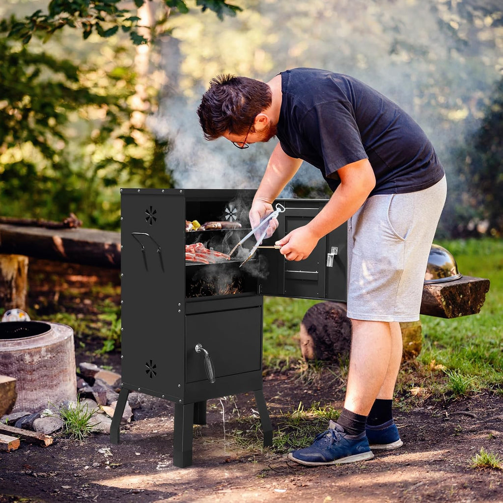 Vertical Charcoal Smoker with Double Doors & 2 Detachable Grill Racks – Outdoor BBQ Smoker Oven with Adjustable Air Vents, Thermometer & Water Pan – Heavy-Duty Camping/Backyard Grill (40.5x39x