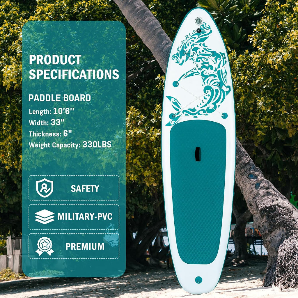 FEATH-R-LITE Inflatable Paddle Board Stand Up Paddleboards for Adults SUP with Premium Accessories Pump, Adjustable Paddle, Leash, Three Fins, Backpack