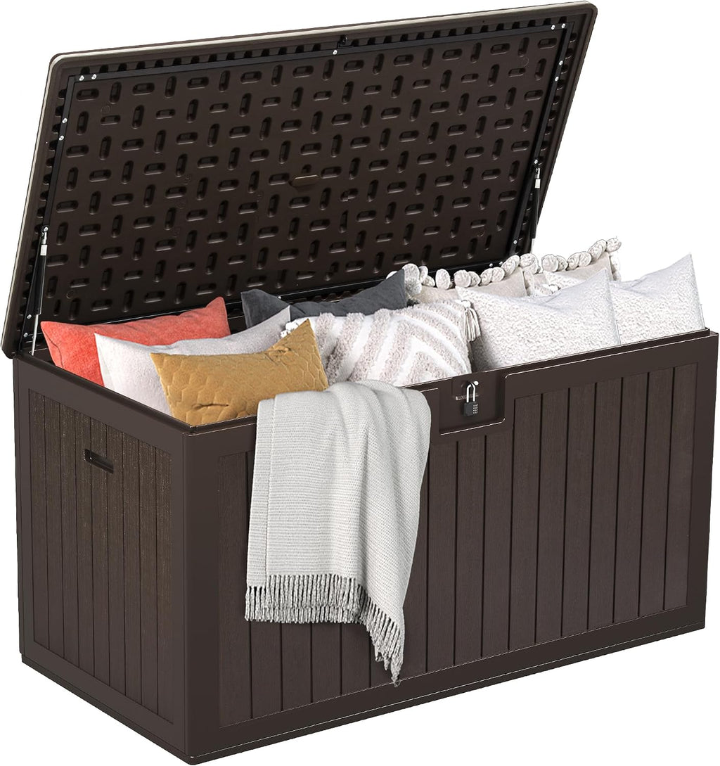 DWVO 180 Gallon Double-Wall Deck Box, XL Large Resin Outdoor Storage Box, Lockable & Waterproof, Double as Seating, 1000lbs Capacity (Brown)