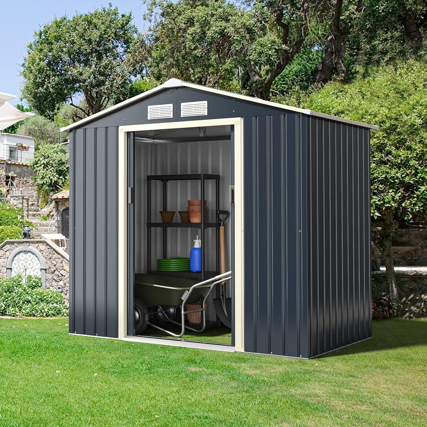 Goplus Storage Shed, Metal 7' X 4' Outdoor Building Organizer with 4 Vents & Double Sliding Door for Garden Backyard Farm (7'X4')