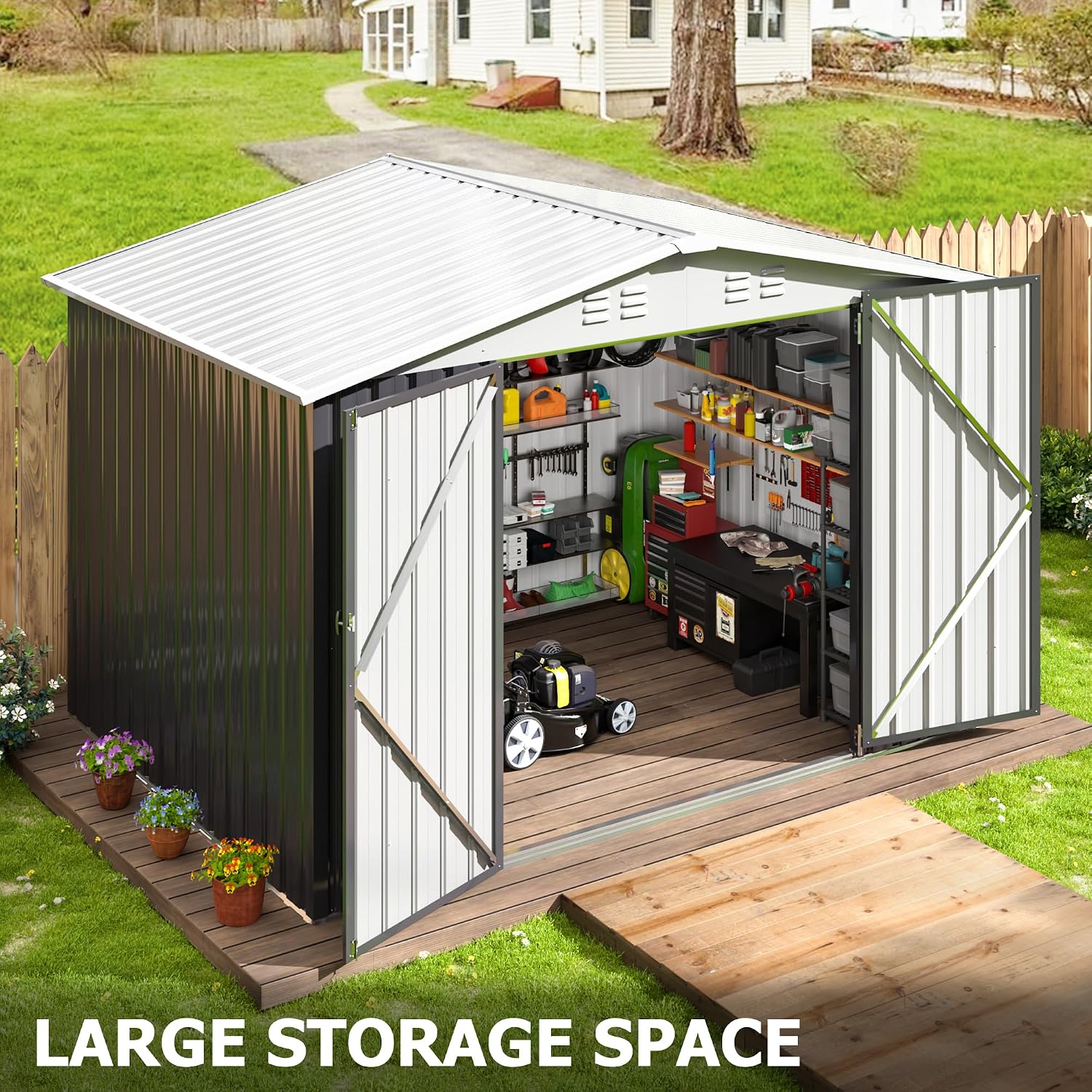AirWire 6x8 FT Outdoor Storage Shed, Garden Shed with Updated Frame Structure and Lockable Doors, Metal Tool Sheds for Backyard Garden Patio Lawn, White