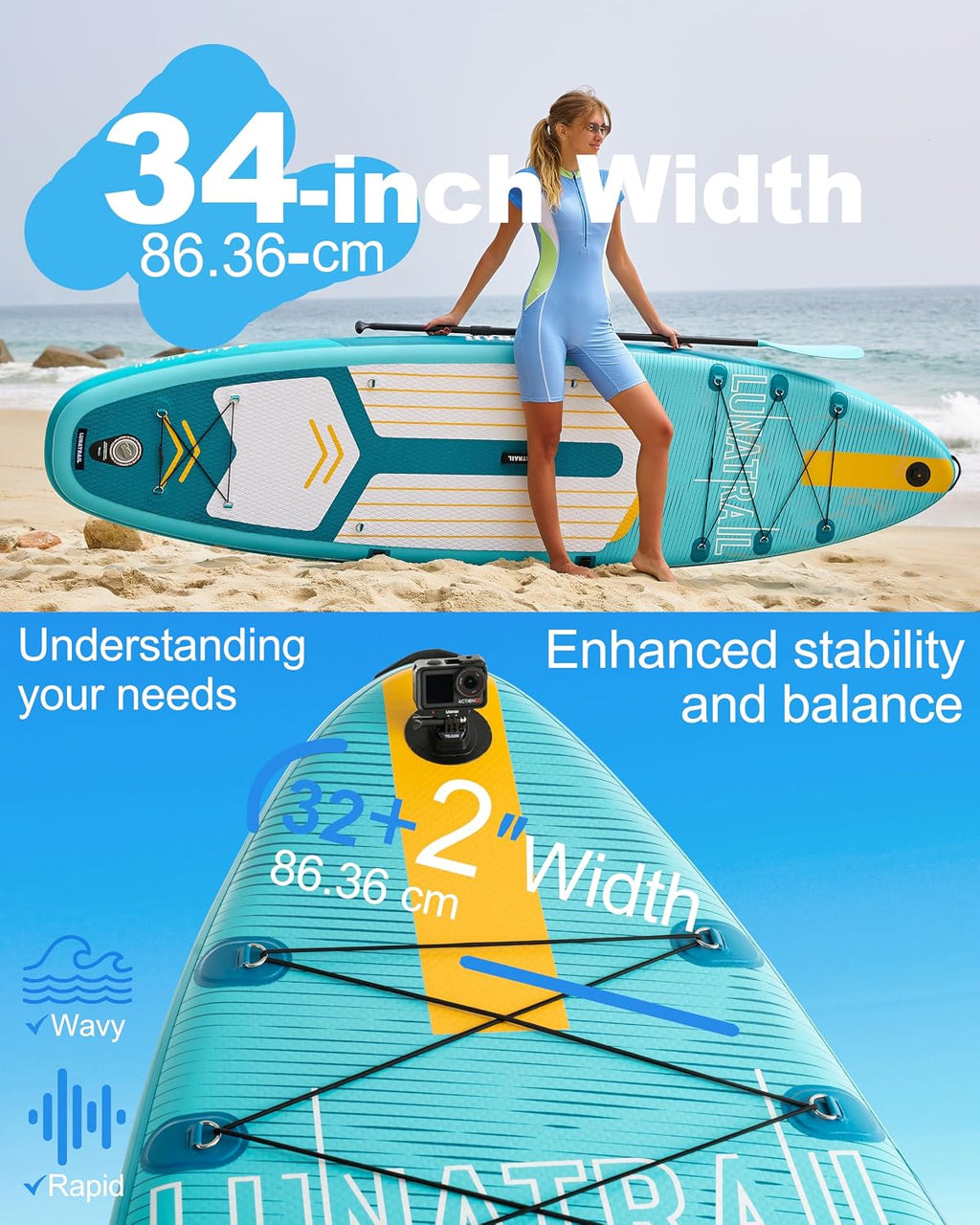【11'×34'】 Extra Long/Extra Wide Premium Inflatable Stand Up Paddle Board (SUP) – Portable & Lightweight for Yoga, Surfing, Family Fun | Complete Kit with Paddle, Pump, Bag | Durable Design