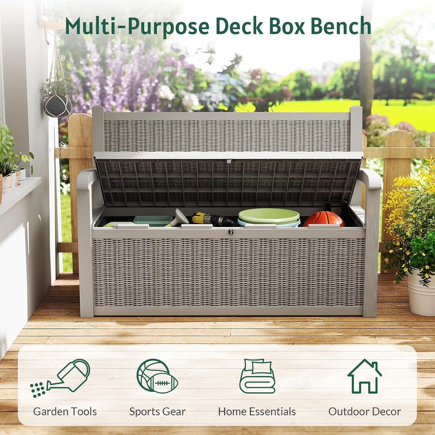 Skepphlay 70 Gallon Storage Bench Deck Box,Patio Storage Benches with Armrest, Lockable Bench Outside, Waterproof for Pool Patio Garden (Grey)