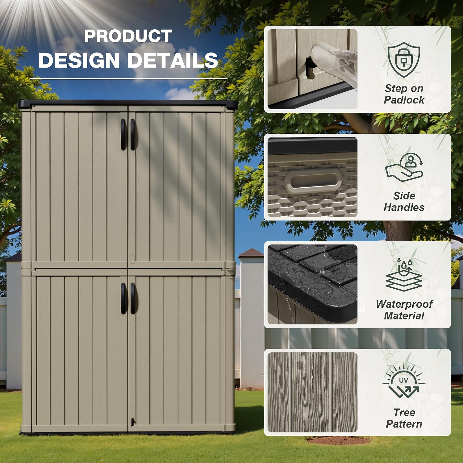 Greesum Outdoor Storage Shed Without Divider, 45 cu.ft Outdoor Waterproof Storage Cabinet for Garden Tools, Pool Storage, Garbage Cans, Beige
