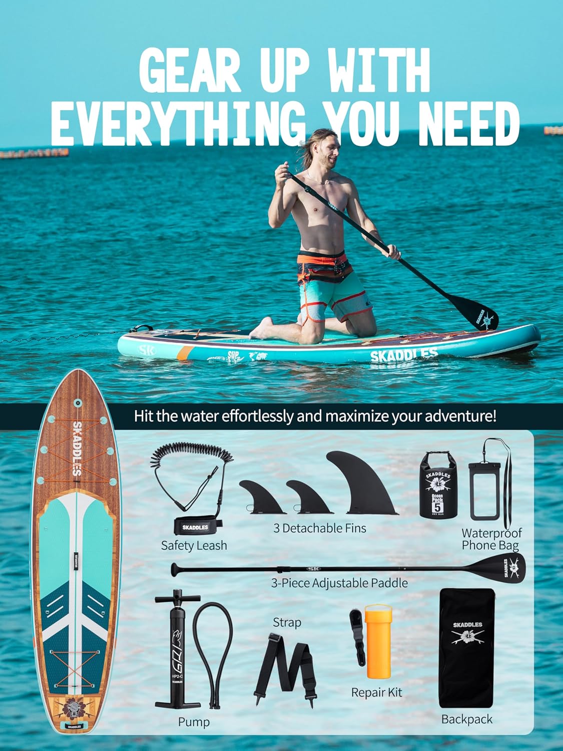 11' Inflatable Stand Up Paddle Board – Extra Wide SUP for Adults & Kids of All Skill Levels, Stable Paddleboard with Pump, Fins, Backpack, Accessories & Waterproof Phone Pouch