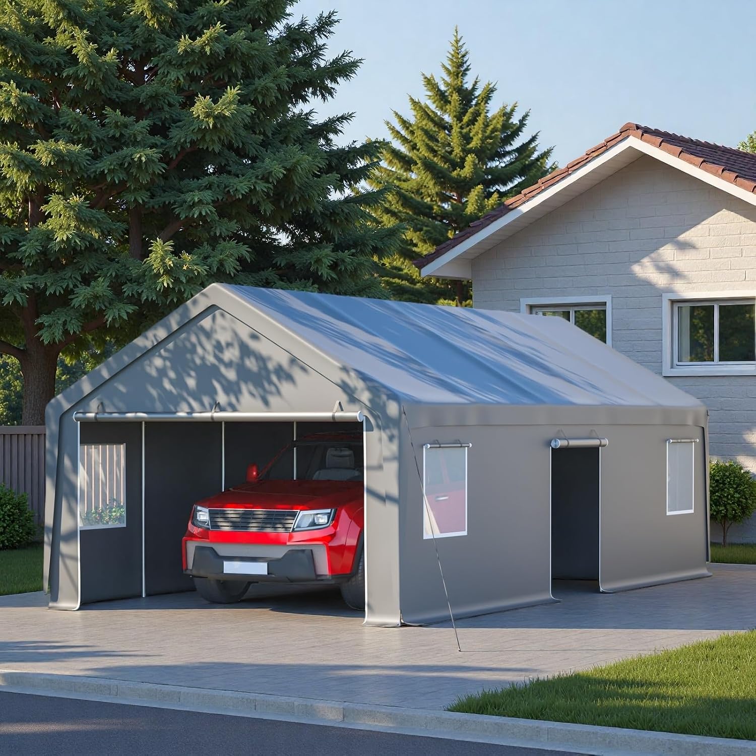 13x26 FT Heavy Duty Carport, Outdoor Storage Shed Tent with 2 Roll-Up Doors, 1 Side Door, Removable End Walls & Windows, All-Weather Portable Garage Shelter with 12-Leg Stability Frame, Grey