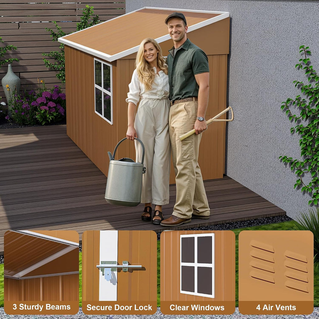 YOPTO 8x4 FT Outdoor Storage Shed,Metal Garden Lean to Shed W/Double Lockable Doors,Windows & 4 Air Vents,Weatherproof Shelter W/Sloped Roof,for Backyard,Lawn,Tool Organization,Brown