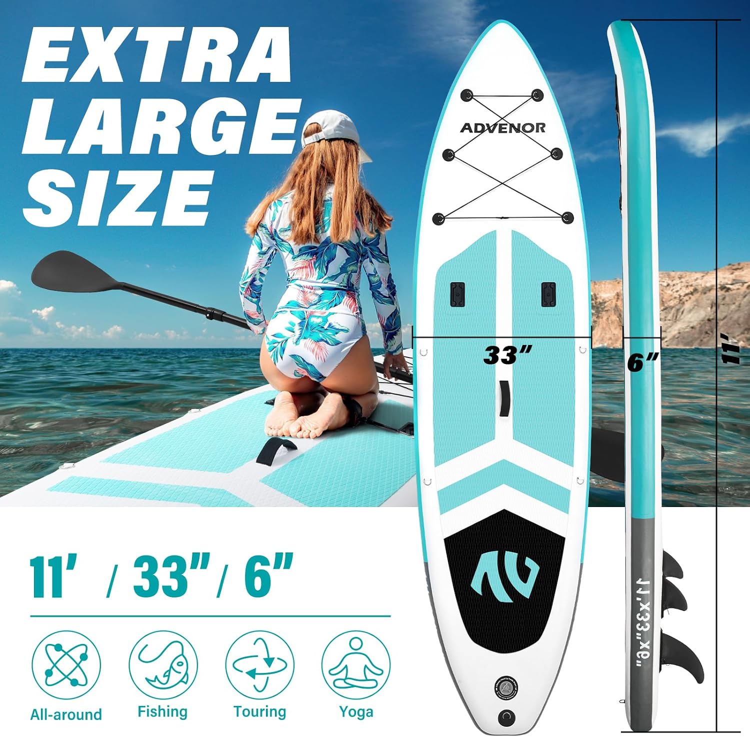 Paddle Board 11'x33 x6 Extra Wide Inflatable Stand Up Paddle Board with Hand Pump,Leash, Adjustable Paddle For Basic Version, Extra Kayak Paddle Kayak Seat 2 Fishing Mounts For Fishing Version