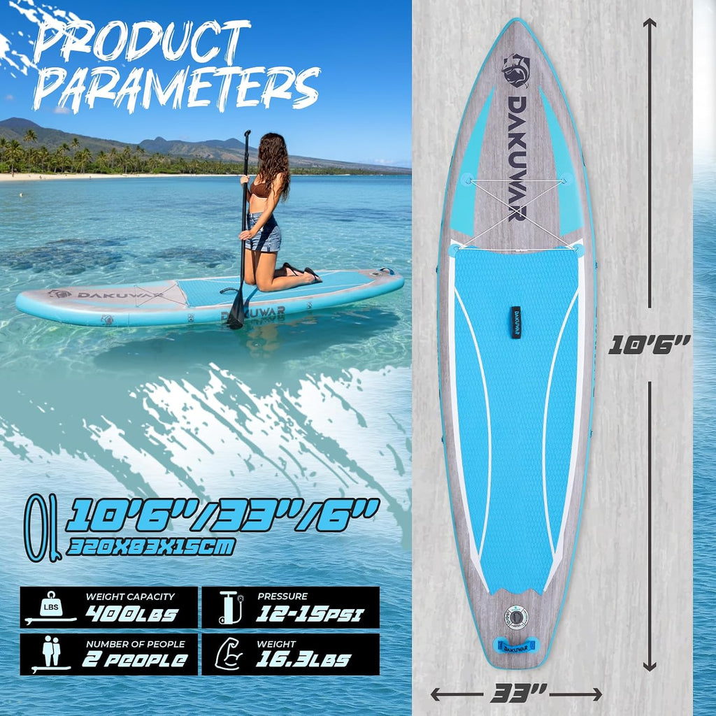 DAKUWAR Paddle Board 10'6''/10' Inflatable Stand Up Paddle Boards with SUP Accessories Ultra-Light Paddleboard Non-Slip Comfort Deck for Adults & Youth of All Skill Levels