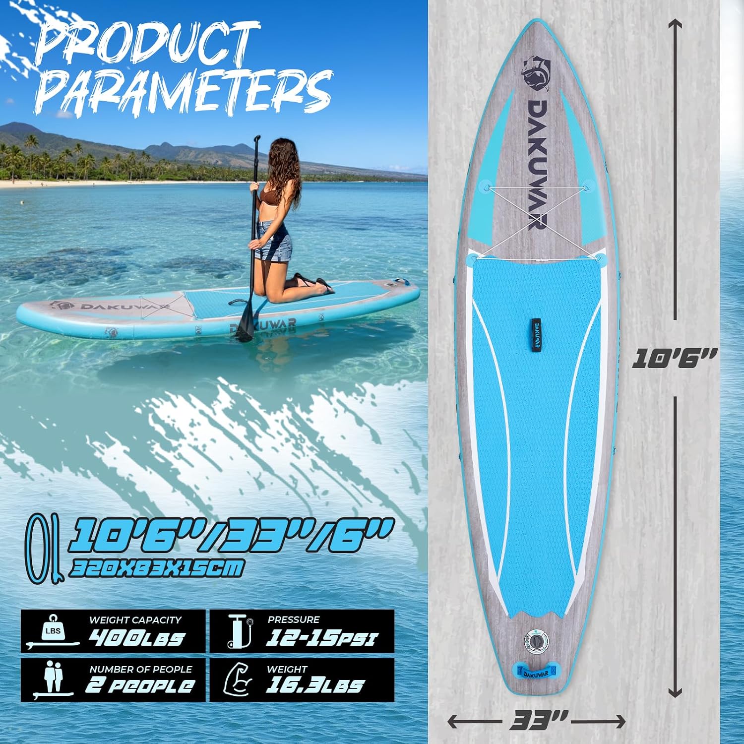 DAKUWAR Paddle Board 10'6''/10' Inflatable Stand Up Paddle Boards with SUP Accessories Ultra-Light Paddleboard Non-Slip Comfort Deck for Adults & Youth of All Skill Levels