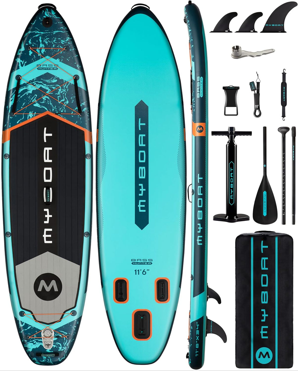 MYBOAT 11'6'×34'×6' Extra Wide Inflatable Paddle Board, Stand Up Paddle Board for Fishing, Sup Board with 3 Removable Fins, Dual Bungees, Camera Mount, Hand Pump, Strong Paddle,Leash