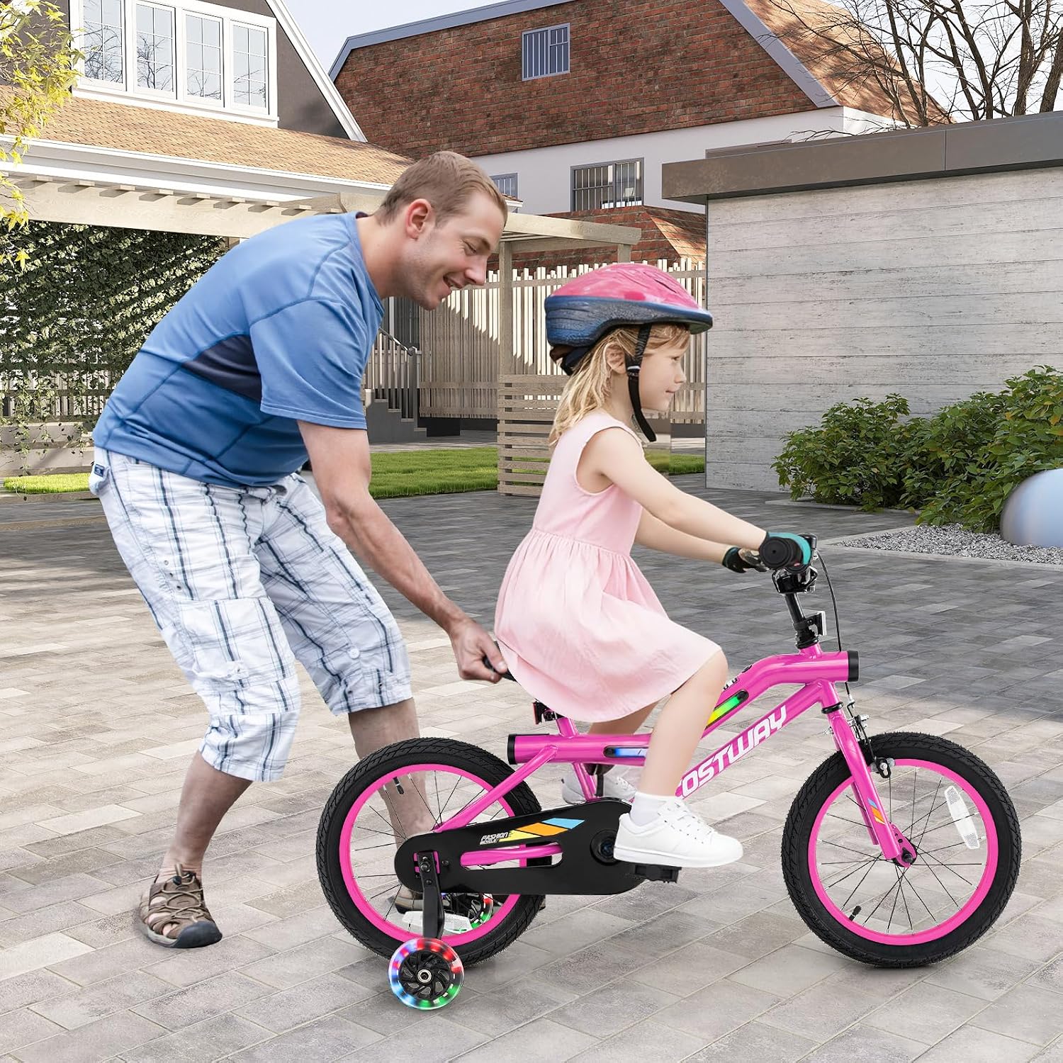 COSTWAY 16'/18' Lighted Kids Bike, Children Sport Bicycle with LED Light-up Frame, Adjustable Saddle, Training Wheels, Handbrake & Coaster Brake, Kids Riding Bike for 4-7/4-8 Years Old Boys & Girls