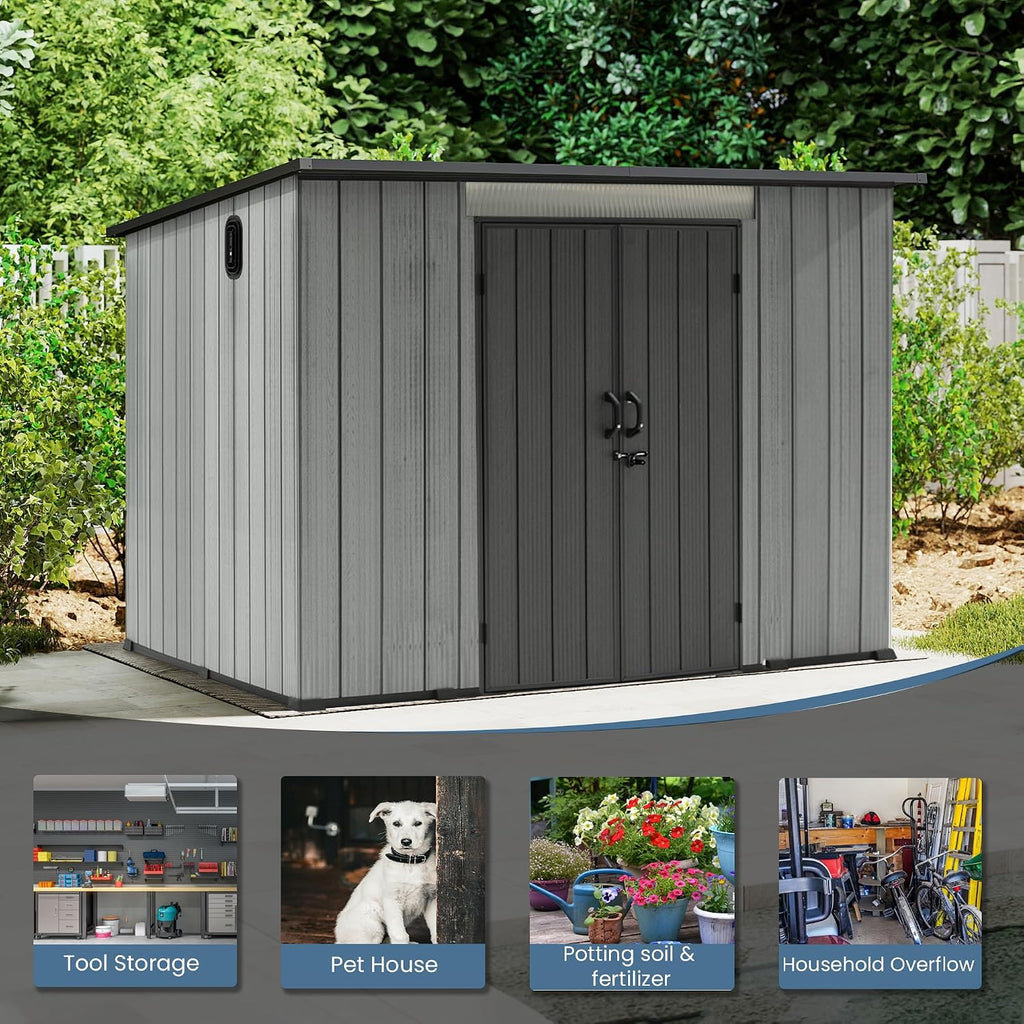 Domi 6.2x9.3 FT Outdoor Resin Storage Shed, All-Weather Double-Wall Storage Building with Sloping Roof for Backyard, Garden, Lawn Tools, Mower, Bike & Pool Equipment, Lockable Doors, Ventilated Roof