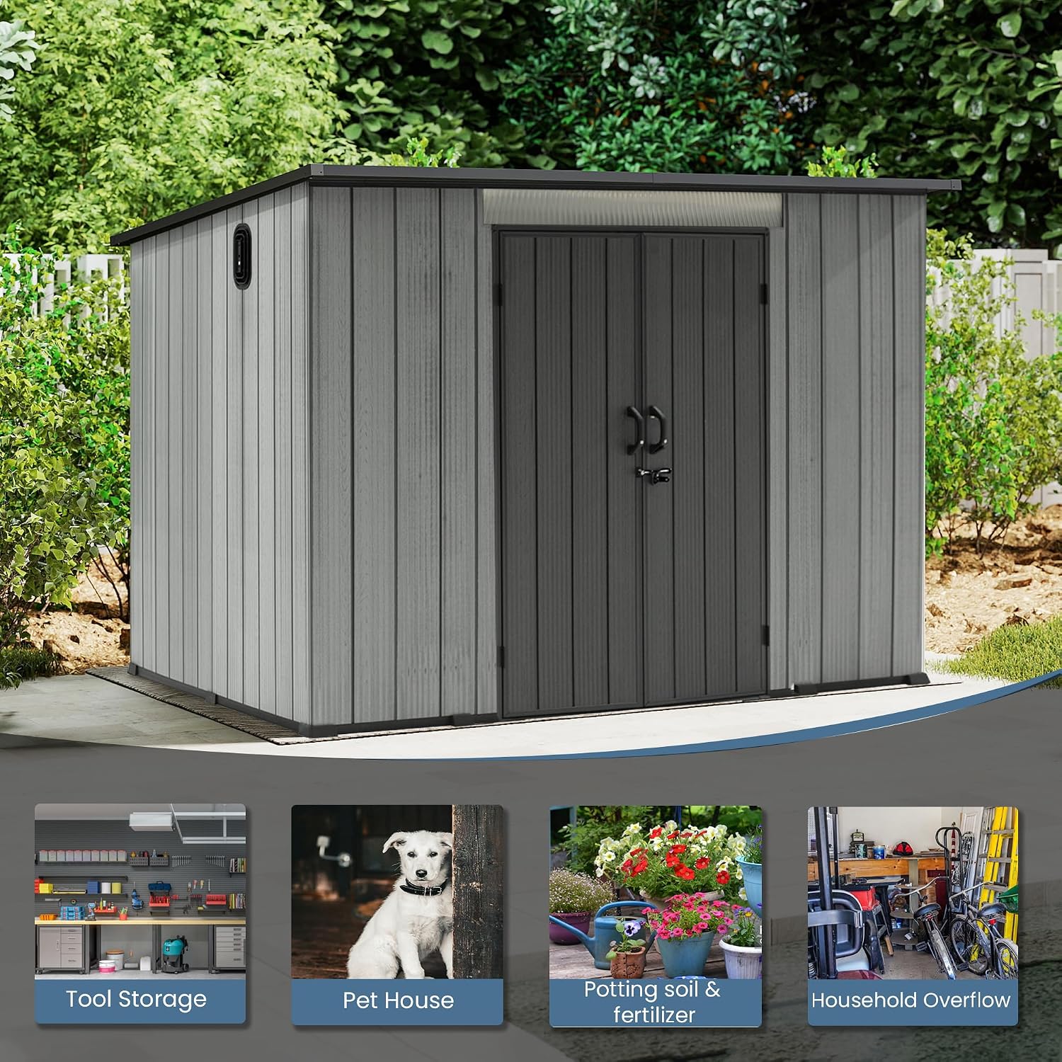 Domi 6.2x9.3 FT Outdoor Resin Storage Shed, All-Weather Double-Wall Storage Building with Sloping Roof for Backyard, Garden, Lawn Tools, Mower, Bike & Pool Equipment, Lockable Doors, Ventilated Roof