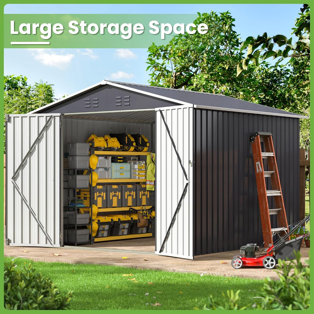 8x8 FT Outdoor Storage Shed, Utility Metal Tool Storage with Lockable Doors and Updated Frame Structure, Large Metal Garden Shed for Backyard, Patio Lawn, Black