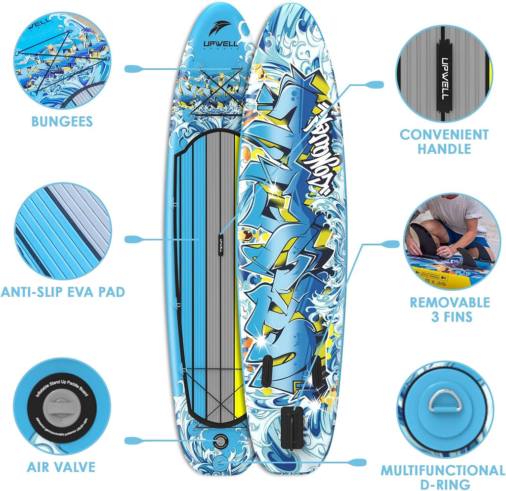 UPWELL 10'6'/11'/11'6' Inflatable Paddle Board, Stand Up Paddlboard for Youth & Adults, Stable Design, Premium SUP Accessories, Backpack, Leash, Hand Pump, Fins