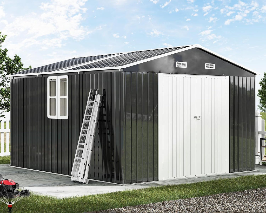 AMERLIFE 10x12x7 FT Outdoor Storage Shed with 2 Transparent Panels, Metal Garden Shed with Hinged Double Doors, 2 Windows & 4 Vents, Reinforced Steel Frame for Garden, Backyard, Dark Gray