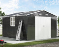 AMERLIFE 10x12x7 FT Outdoor Storage Shed with 2 Transparent Panels, Metal Garden Shed with Hinged Double Doors, 2 Windows & 4 Vents, Reinforced Steel Frame for Garden, Backyard, Dark Gray