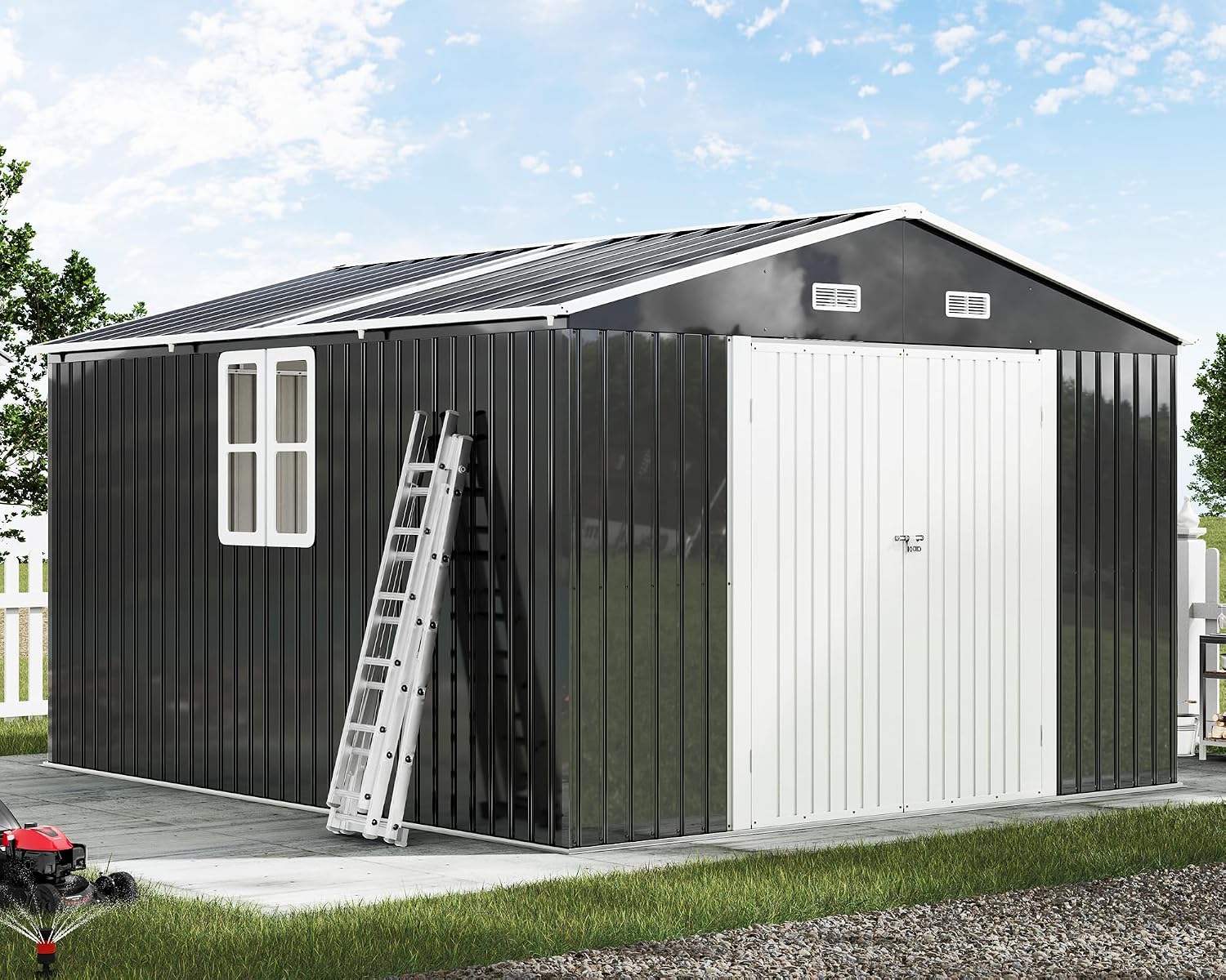 AMERLIFE 10x12x7 FT Outdoor Storage Shed with 2 Transparent Panels, Metal Garden Shed with Hinged Double Doors, 2 Windows & 4 Vents, Reinforced Steel Frame for Garden, Backyard, Dark Gray