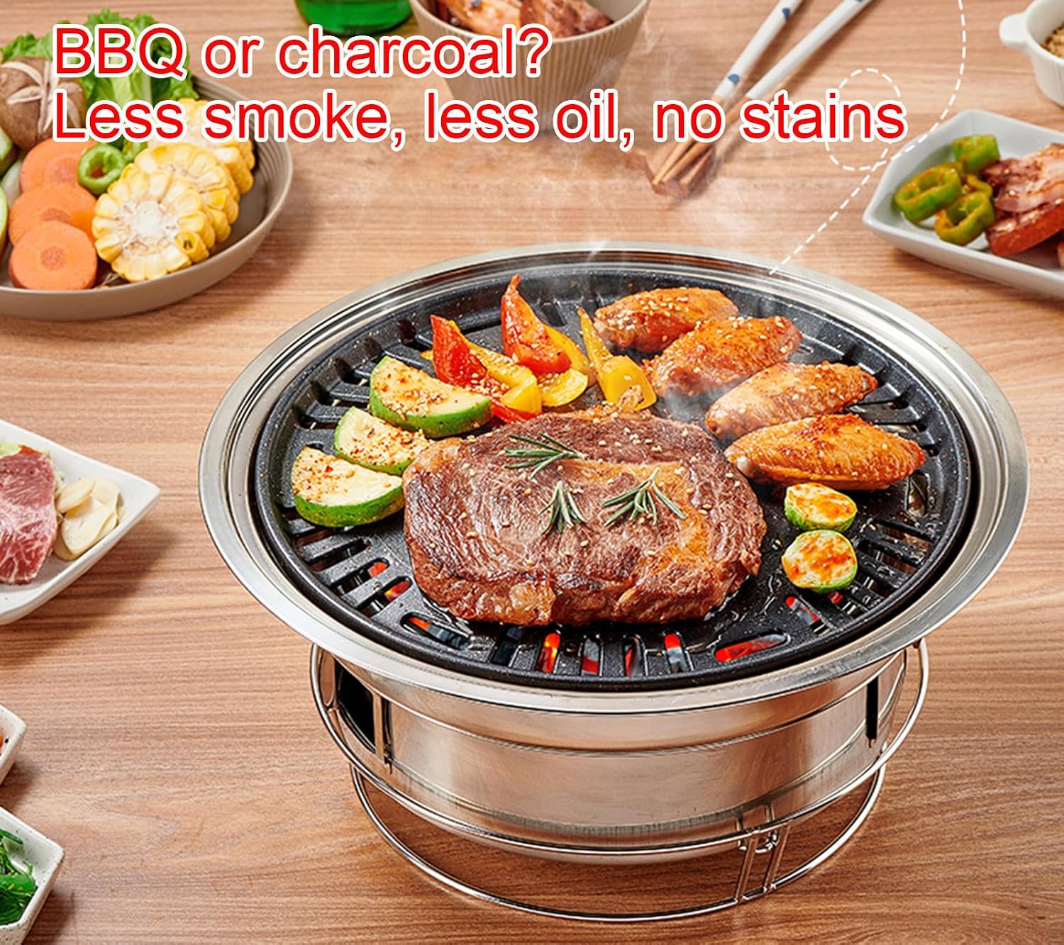 Charcoal Barbecue Grill, Non-Stick Korean BBQ Grill, Portable Stainless Steel Charcoal Stove for Home Party Outdoor Camping