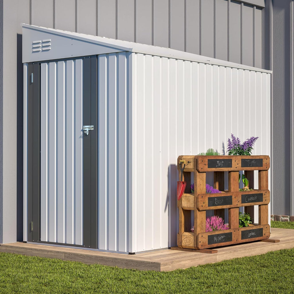 4x7 ft Lean to Metal Storage Shed, Galvanized Steel Outdoor Tool Shed with Vents & Sloped Roof, Space-Saving Backyard & Patio Storage, White