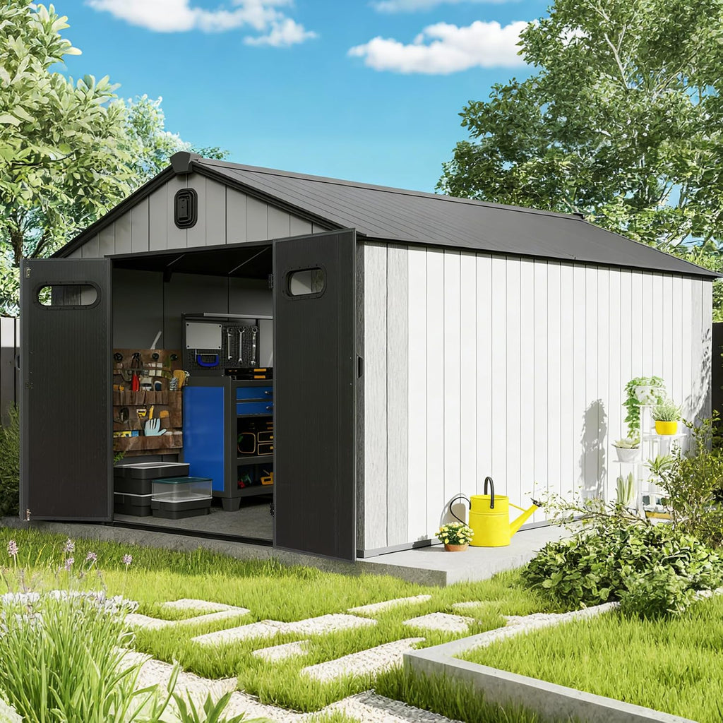 Domi 8x16 FT Outdoor Resin Storage Shed, All-Weather Double-Wall Storage Building with Lockable Doors and Ventilated Roof, Ideal for Lawn Tools, Bikes, Mowers, and Pool Equipment, Grey