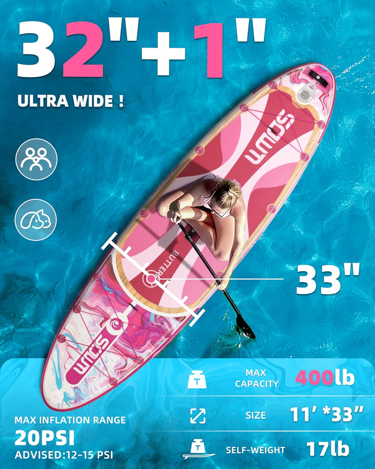 11'*33'/34' Inflatable Stand Up Paddle Board for Beginners,400/420lbs Capacity, Anti-Slip EVA Deck, Includes Adjustable Paddle, Pump, Backpack & SUP Accessories for Surfing, Fishing, Yoga & More