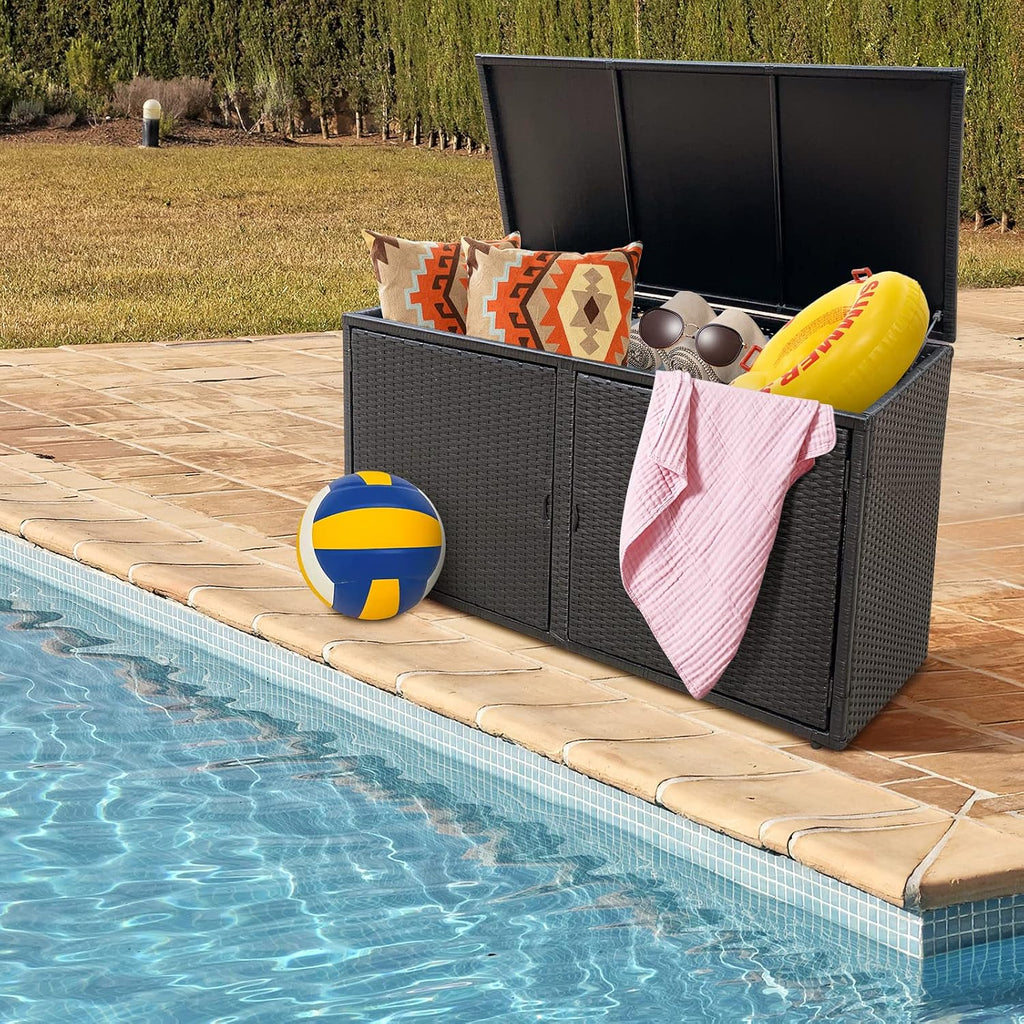 HAPPYGRILL Deck Box Outdoor Wicker Storage Box Cabinet, 88 Gallon Patio Rattan Storage Container Bin Box for Furniture Tools in Garden Balcony Porch Yard