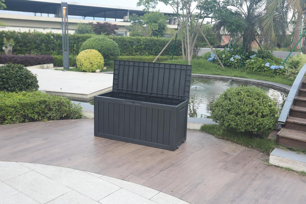 BTEXPERT 74 Gallon Resin Deck Box, Outdoor Storage Container for Patio Furniture Garden Tools Cushions Waterproof Lockable Metal Support Rods UV Resistant Set of 2