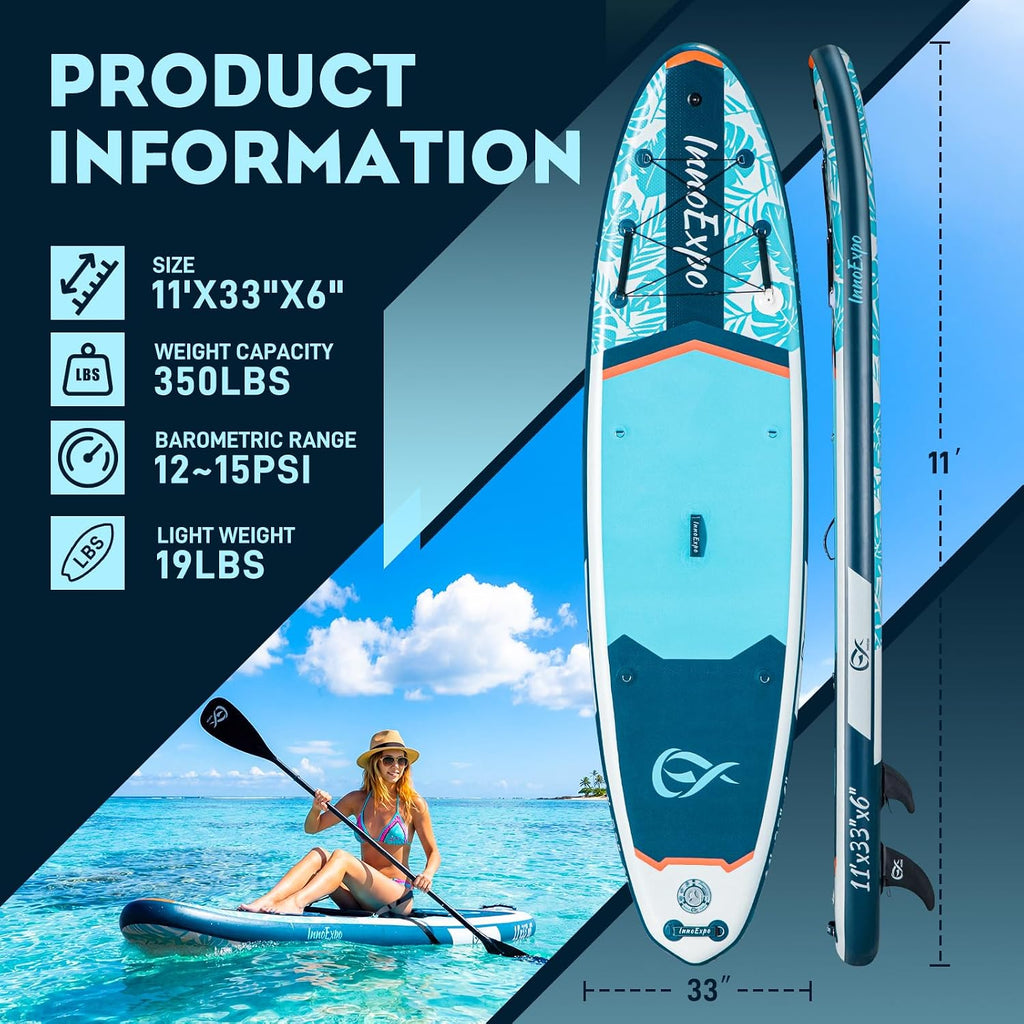 InnoExpo 11' Inflatable Stand Up Paddle Boards with Premium Accessories, Wide Stable SUP Paddle Board Design, Non-Slip Comfort Deck for Youth & Adults