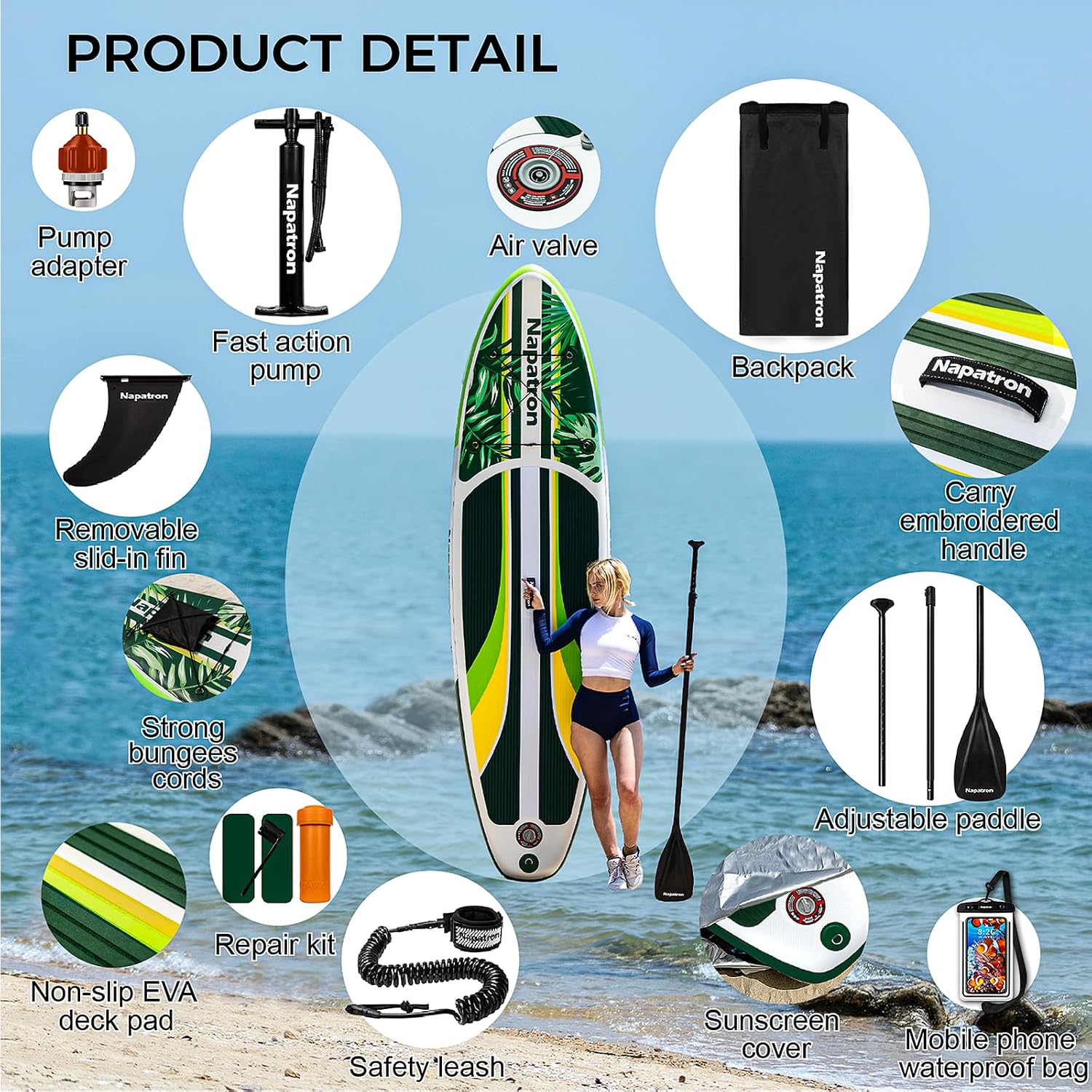 Napatron Family Inflatable Stand Up Paddle Board, Sup,Stable Wide Design,350LBS Capacity,Complete Paddle Board Package with Fast Action Pump,Leash,Ideal for Beginners/Youth & AllSkill Levels