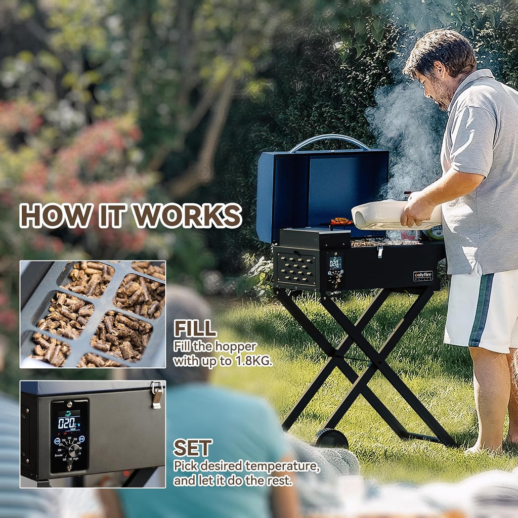 ONLYFIRE GRILLS BBQ Wood Pellet Grill Smoker with Foldable Cart, Meat Probe, 2 Tiers Cooking Area, Portable Smoking Grilling Stove for Outdoor Patio Cooking, RV Camping Tailgating, Blue GS342