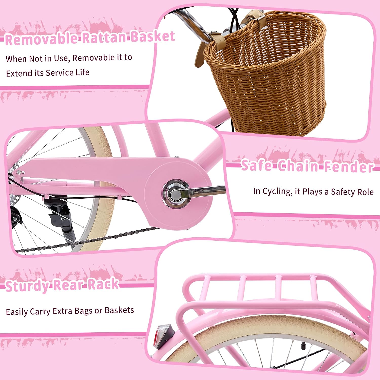 DEYGIA Kids Bike, Retro Cruiser Bike for Girls, 20 24 Inch 7-Speed Kids Bicycles for Ages 6-14 Girls Youth with Rattan Basket, Dual-Disc Brake Carbon Steel Frame Lightweight Bicycle, Multiple Colors