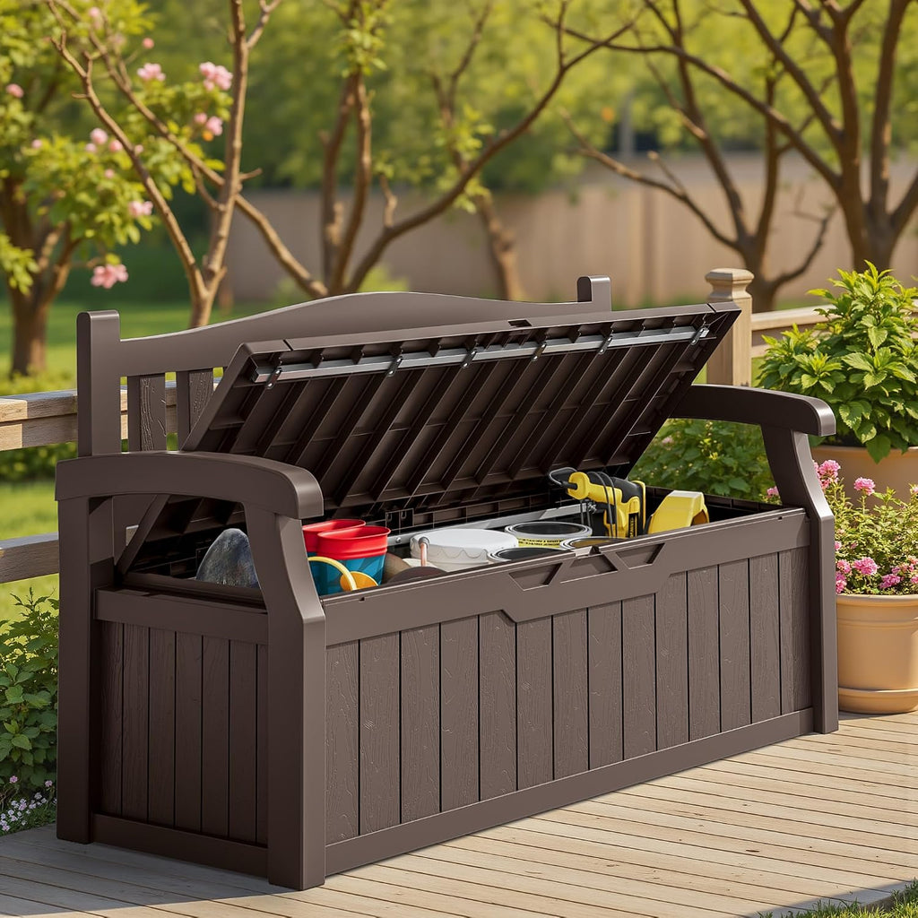Homall 75 Gallon Outdoor Storage Benches Lockable Deck Box with Waterproof and UV Resistant, Waterproof Storage Box for Patio Furniture, Tools, Cushions (Brown)