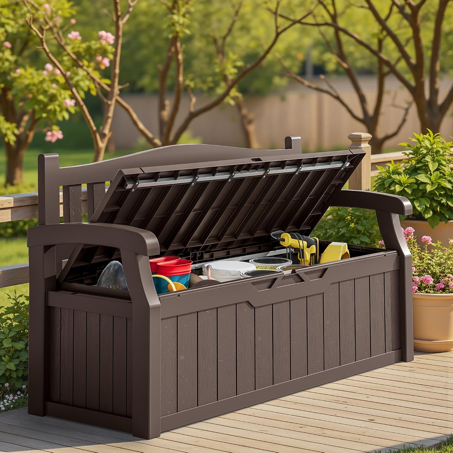 Homall 75 Gallon Outdoor Storage Benches Lockable Deck Box with Waterproof and UV Resistant, Waterproof Storage Box for Patio Furniture, Tools, Cushions (Brown)