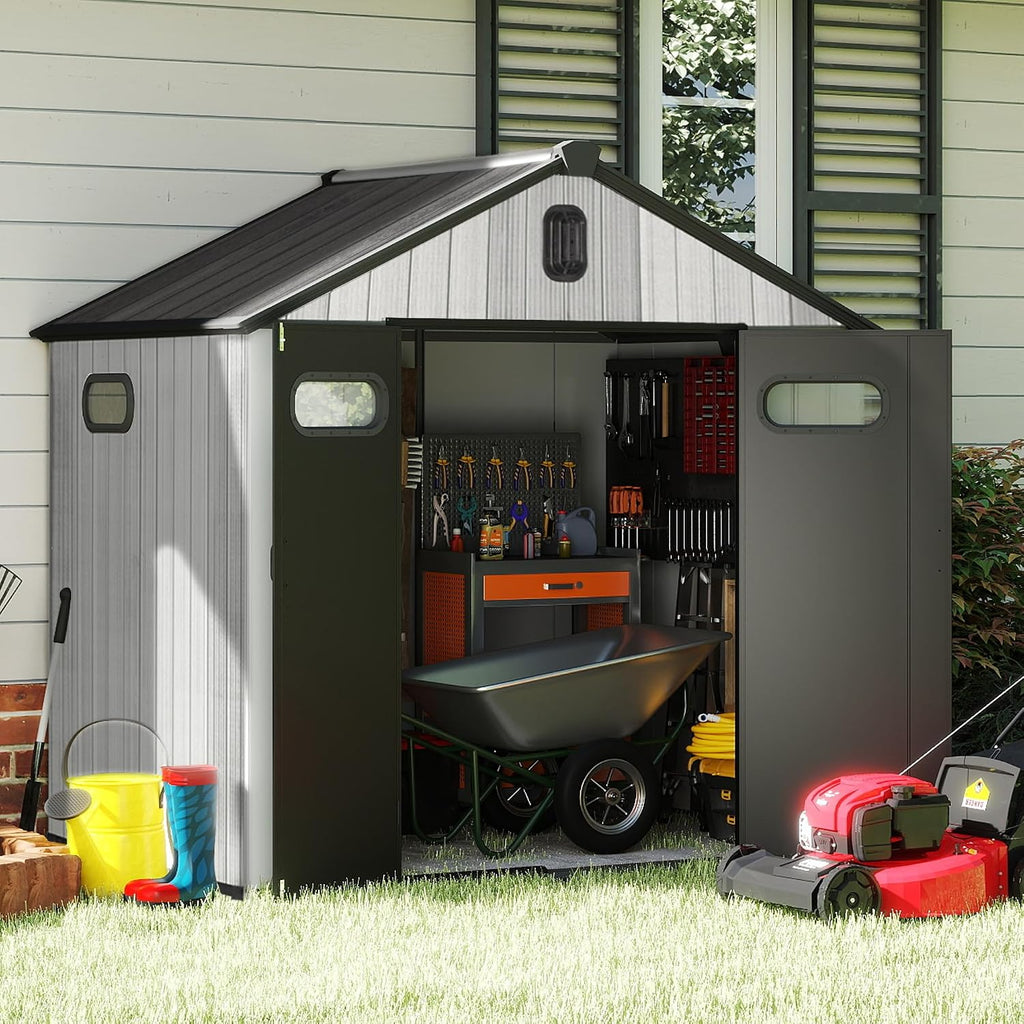 Domi 8x6 FT Outdoor Resin Storage Shed, All-Weather Double-Wall Storage Building for Backyard, Garden, Lawn Tools, Mower, Bike & Pool Equipment, Lockable Doors, Ventilated Roof, Grey