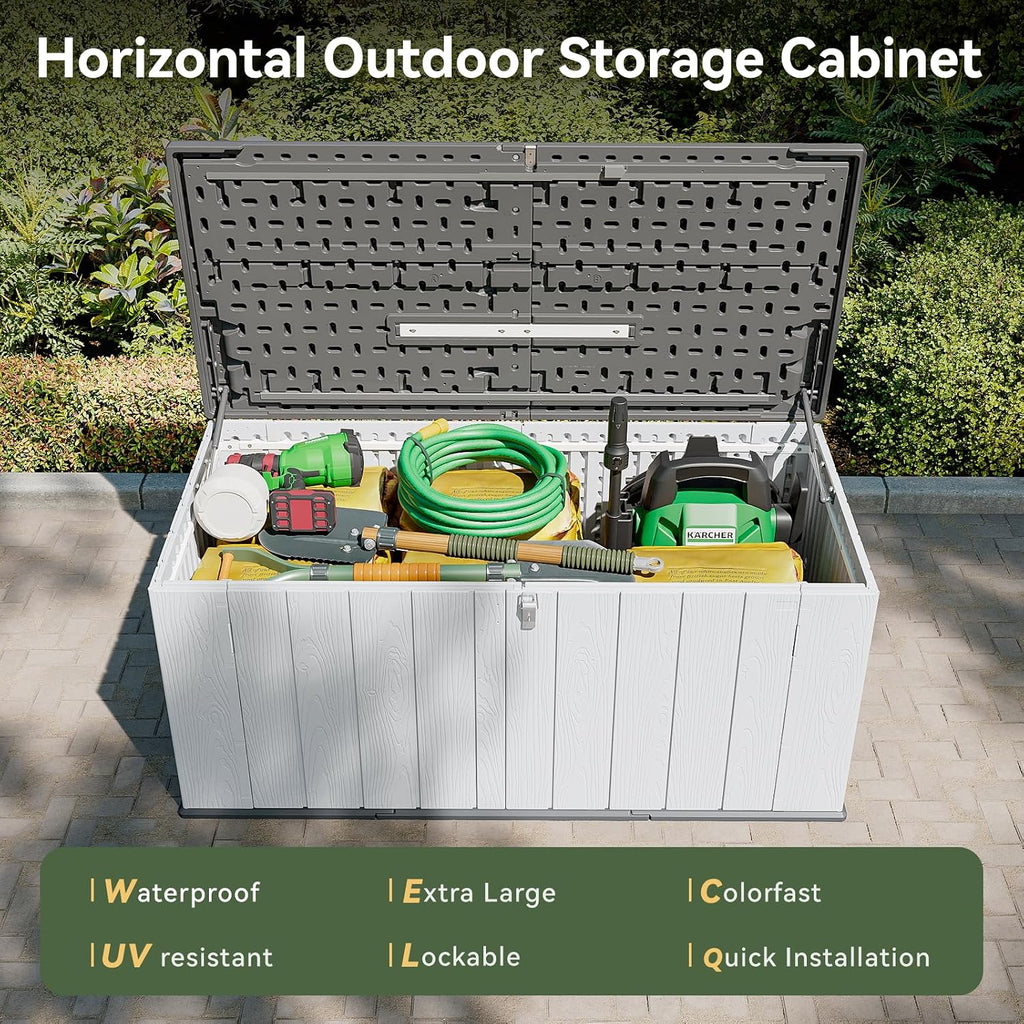 AOXUN Horizontal Storage Sheds 21 Cu.ft, HDPE Outdoor Storage Box 160 Gallon, Waterproof Lockable Resin Deck Box with Spring-Assisted Lid, Patio Storage for Garden, Pool, Cushions, Tools, White