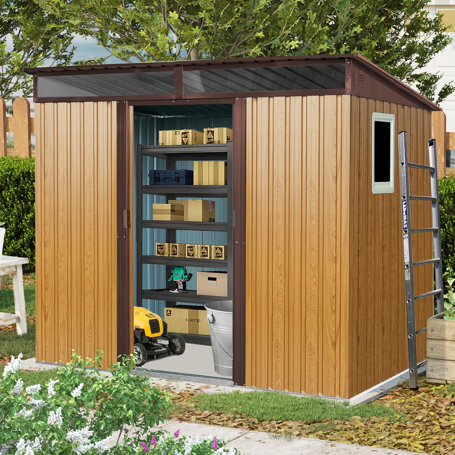 8x6 ft Outdoor Metal Storage Shed with Floor Floor and Window, Lockable Galvanized Steel Tool Shed with Sliding Door, Air Vent and Transparent Plate, Waterproof Garden Storage House for Backyard