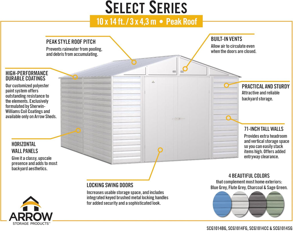 Arrow Shed Select 10' x 14' Outdoor Lockable Steel Storage Shed Building, Blue Grey