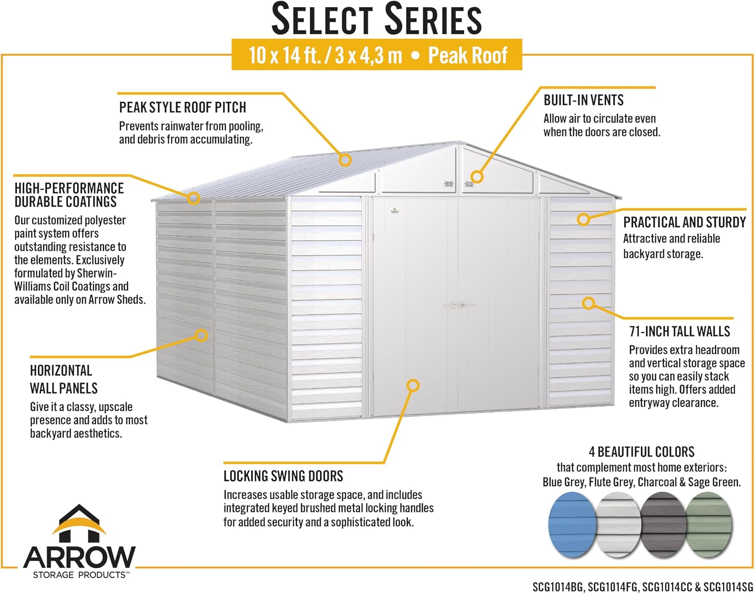 Arrow Shed Select 10' x 14' Outdoor Lockable Steel Storage Shed Building, Blue Grey